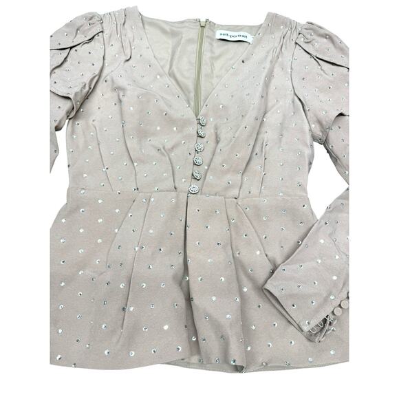 Self Portrait Blush Pink Crystal Button Crepe Blouse Peplum Long Sleeve sz 4 - Picture 7 of 14
